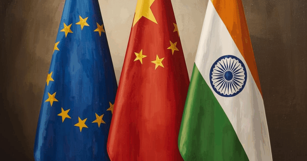 bandiere dell'Europa, della Cina e dell'India accostate