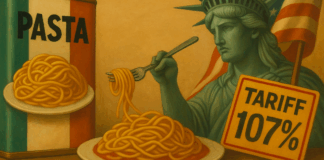statua della libertà che mangia un piatto di pasta e tiene un cartello con su scritto "tariff 107%"