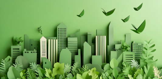 Immagine di una città verde sostenibile fatta con pezzetti di carta