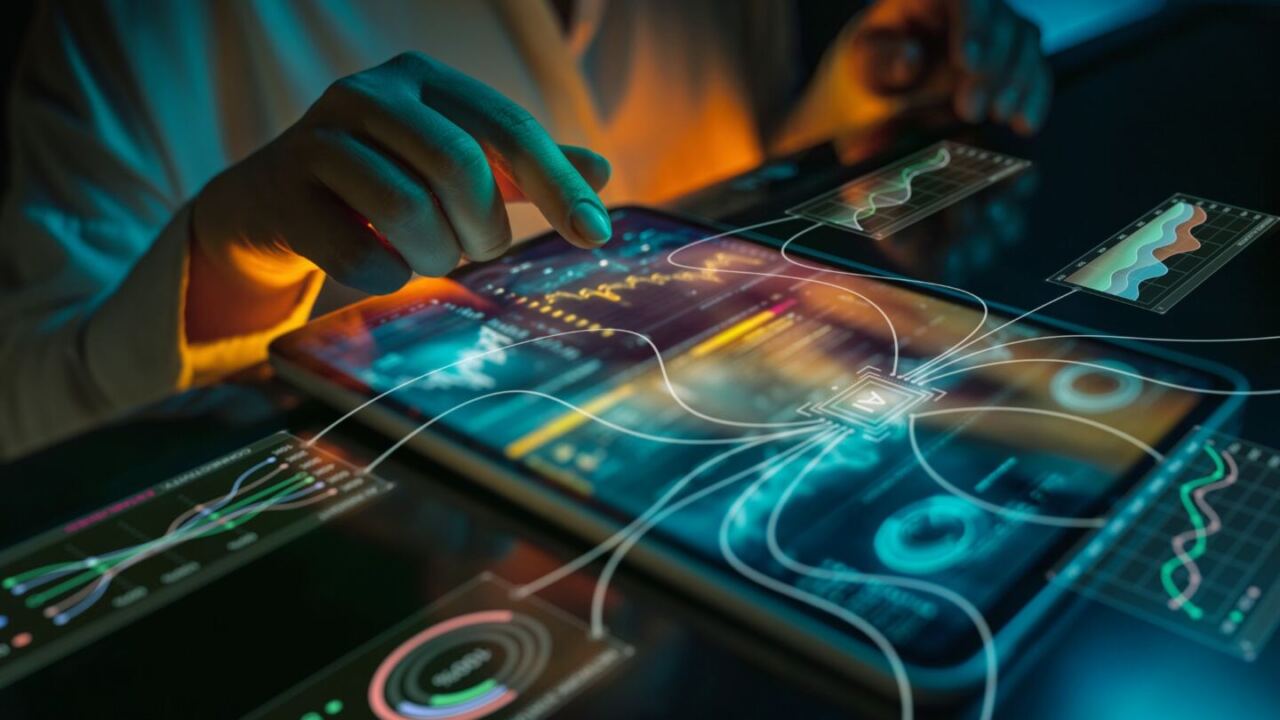 mano che clicca su un ipad. sull'ipad, si vede che sta lavorando sull'intelligenza artificiale